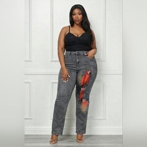 DG2 ACID WASH DENIM WITH PARROT PRINT NWT!